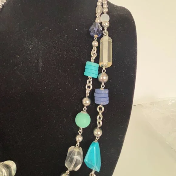 Chicos Long Necklace Multi-Bead Faux Gemstone Silver Chain Contemporary 40" Blue - Picture 5 of 8